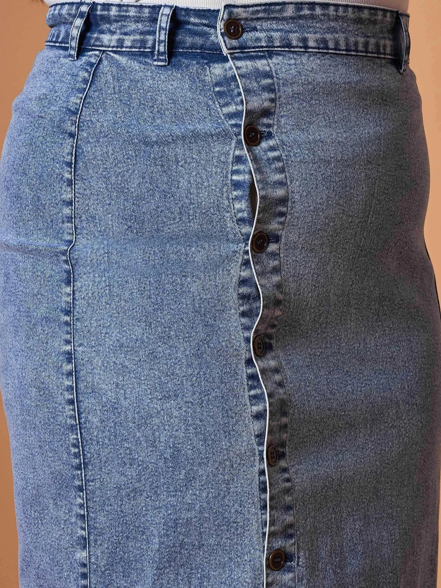 Blue Denim Midi Skirt - Women's Western Wear, Side Button Detail