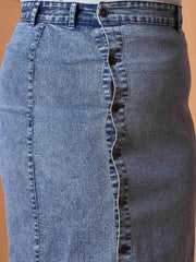 Women Blue Wash Denim Side Button Midi Skirt-SFSKRT30467
