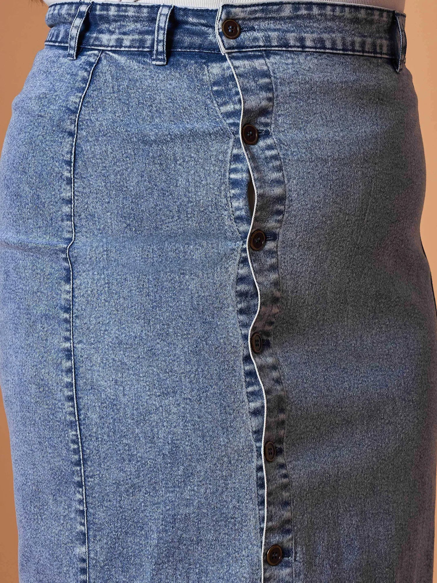Blue Denim Midi Skirt - Women's Western Wear, Side Button Detail