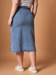 Women Blue Wash Denim Side Button Midi Skirt-SFSKRT30467
