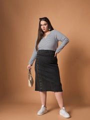 Women Black Acid Wash Denim Side Button Midi Skirt-SFSKRT30468