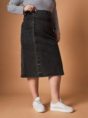 Women Black Acid Wash Denim Side Button Midi Skirt-SFSKRT30468