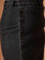 Women Black Acid Wash Denim Side Button Midi Skirt-SFSKRT30468