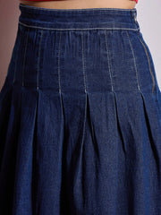 Women Blue Washed Denim Pleated Mini Skirt-SFSKRT30469