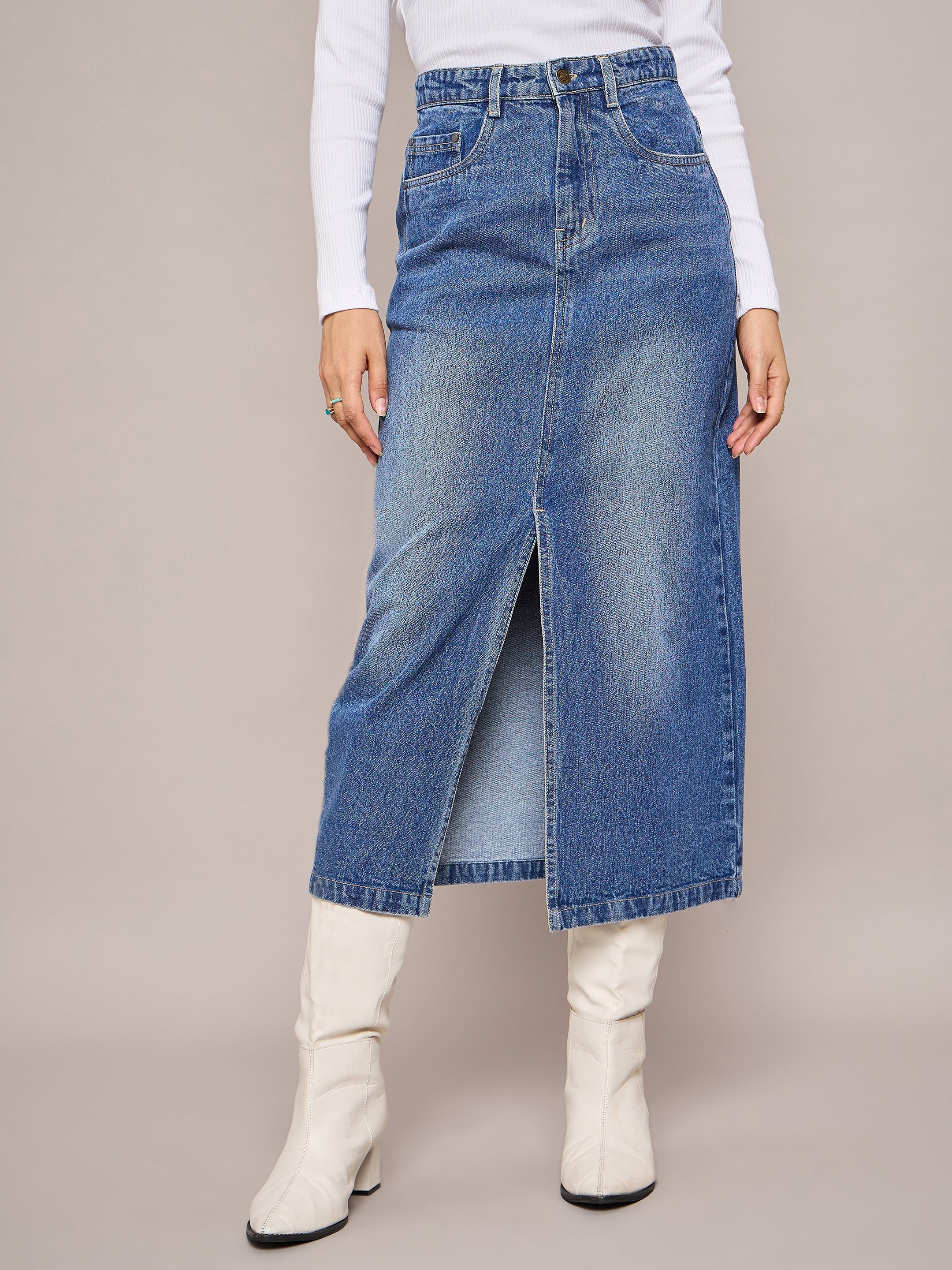 Women Blue Denim Front Slit Midi Skirt-SFSKRT30478