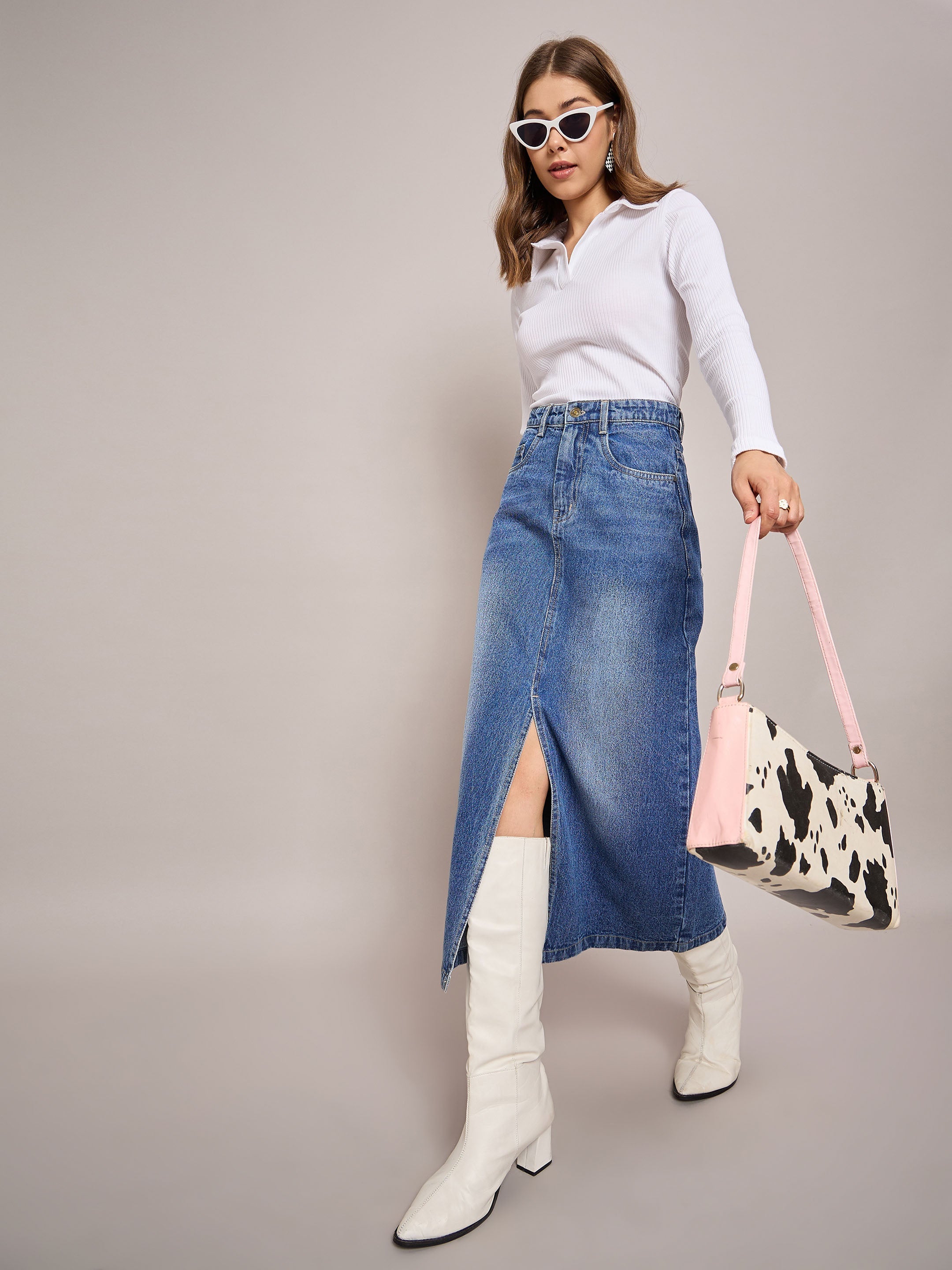 Women Blue Denim Front Slit Midi Skirt-SFSKRT30478