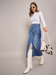 Women Blue Denim Front Slit Midi Skirt-SFSKRT30478