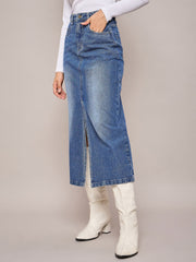 Women Blue Denim Front Slit Midi Skirt-SFSKRT30478