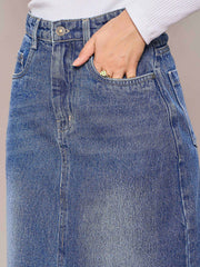 Women Blue Denim Front Slit Midi Skirt-SFSKRT30478