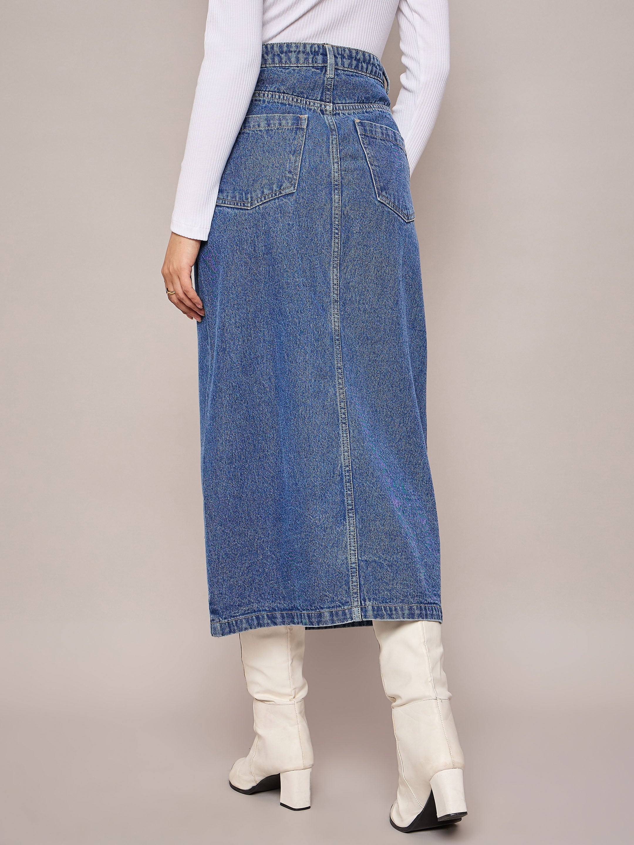 Women Blue Denim Front Slit Midi Skirt-SFSKRT30478