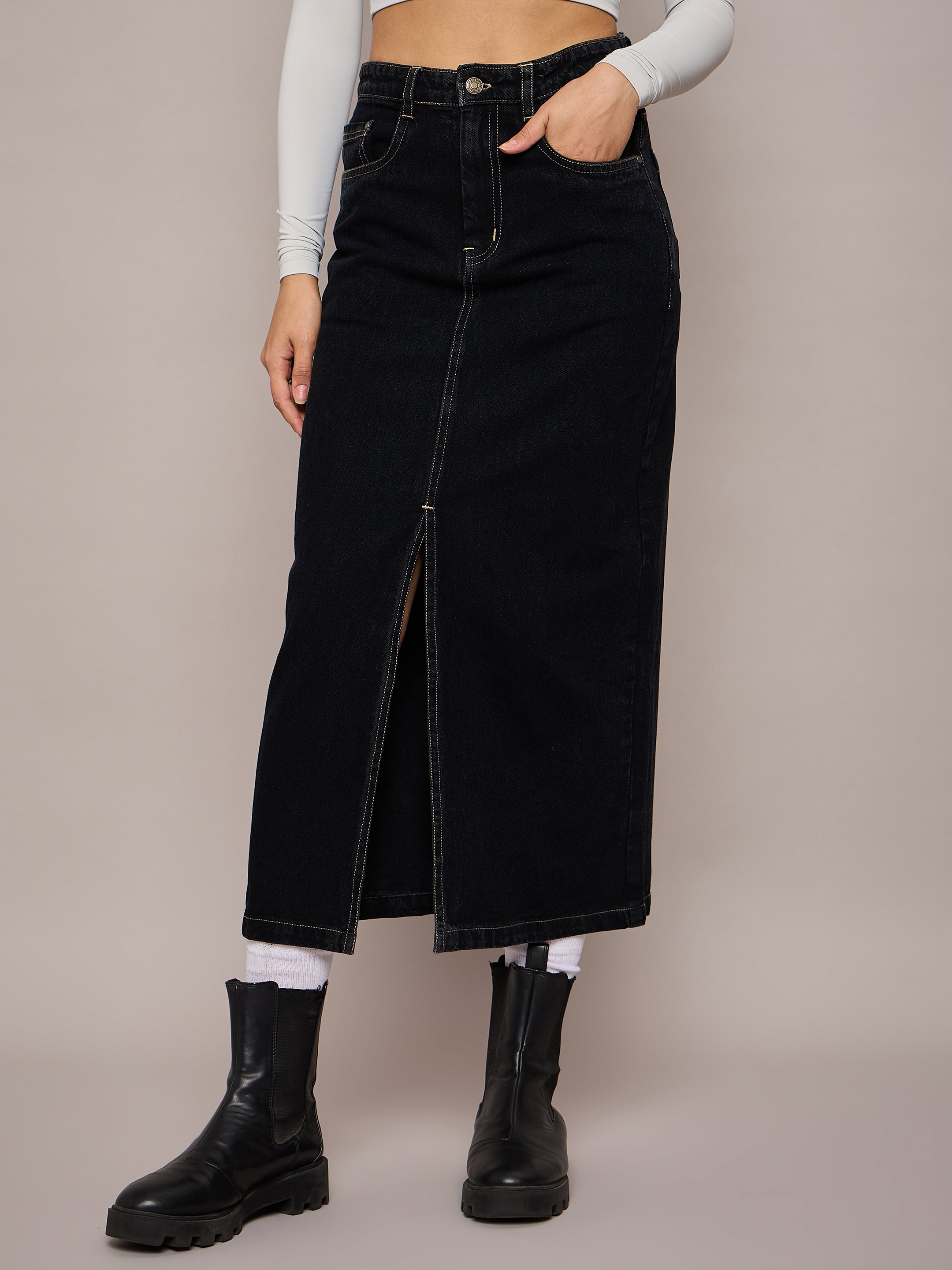 Women Black Denim Front Slit Midi Skirt-SFSKRT30479