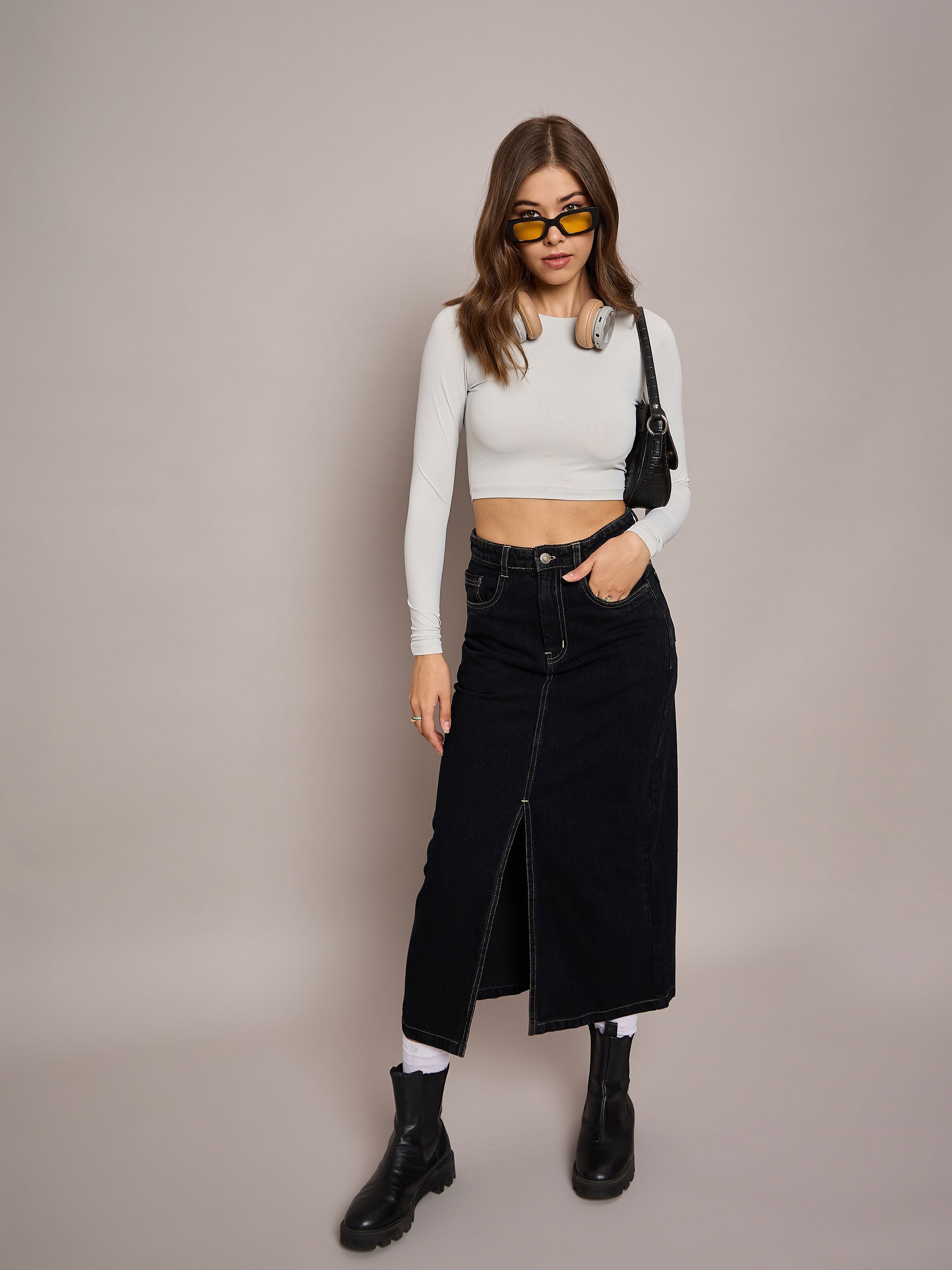 Women Black Denim Front Slit Midi Skirt-SFSKRT30479
