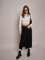 Women Black Denim Front Slit Midi Skirt-SFSKRT30479