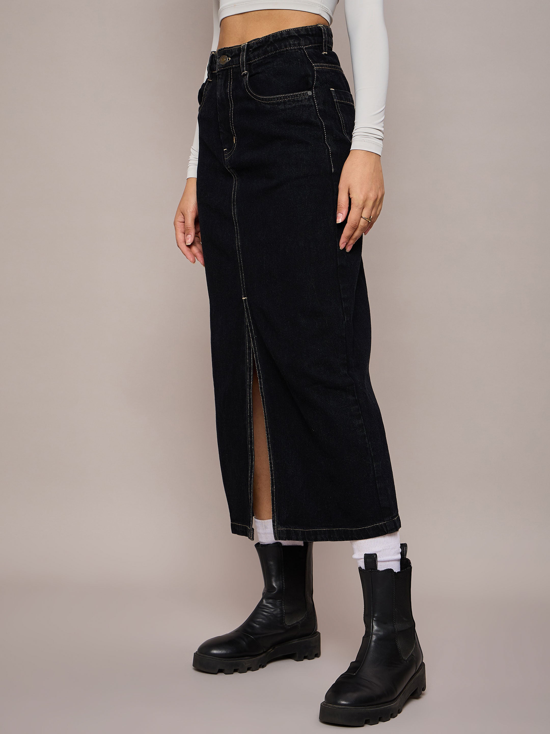 Women Black Denim Front Slit Midi Skirt-SFSKRT30479