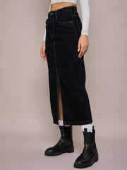 Women Black Denim Front Slit Midi Skirt-SFSKRT30479