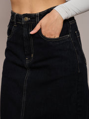 Women Black Denim Front Slit Midi Skirt-SFSKRT30479
