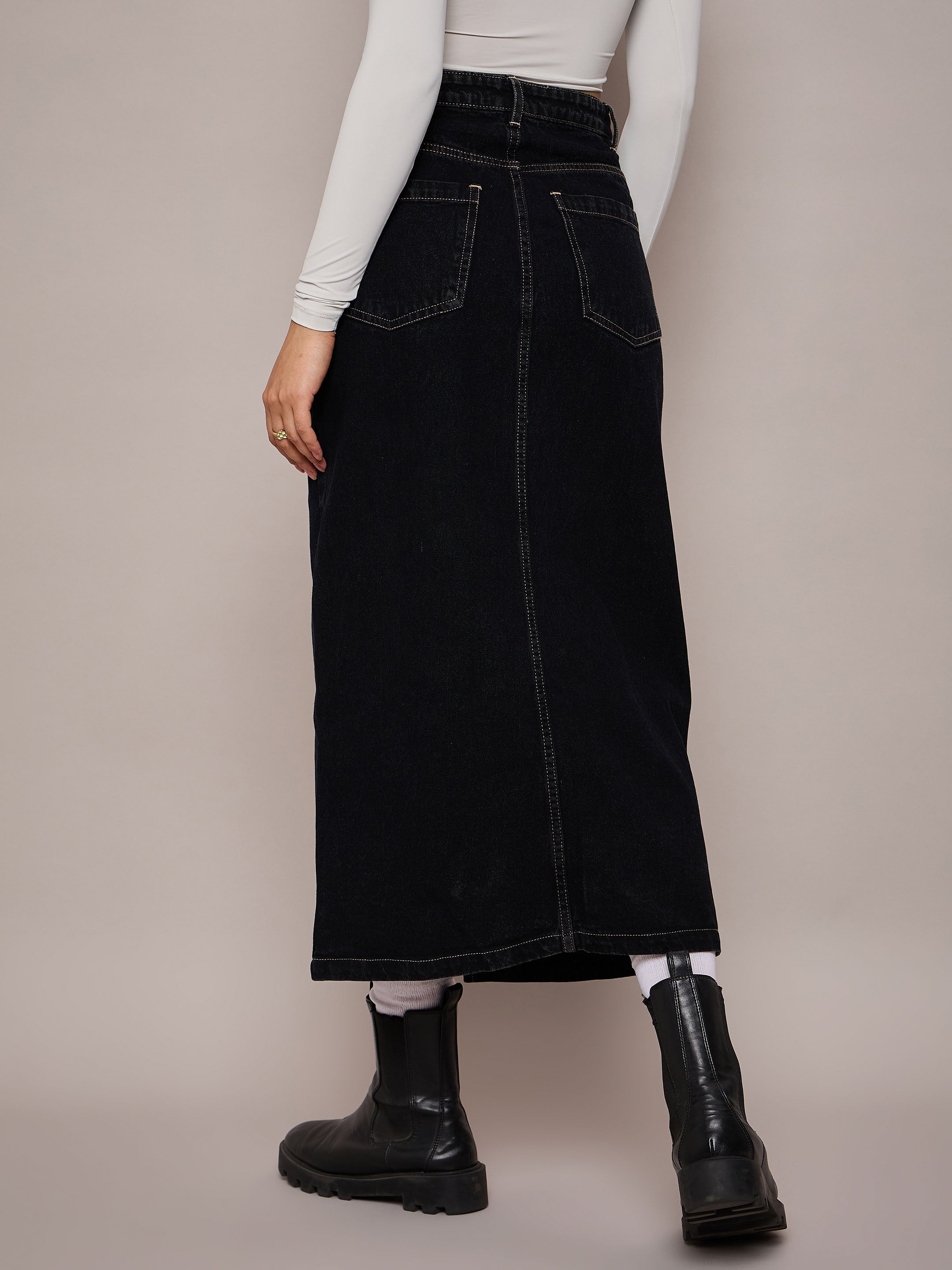 Women Black Denim Front Slit Midi Skirt-SFSKRT30479