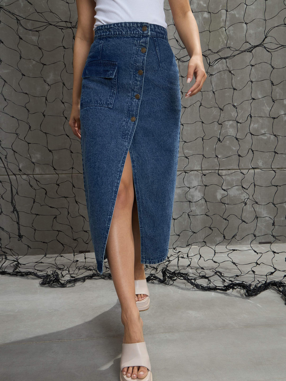 Women Blue Front Button Wrap Skirt-SFSKRT30487-Blue