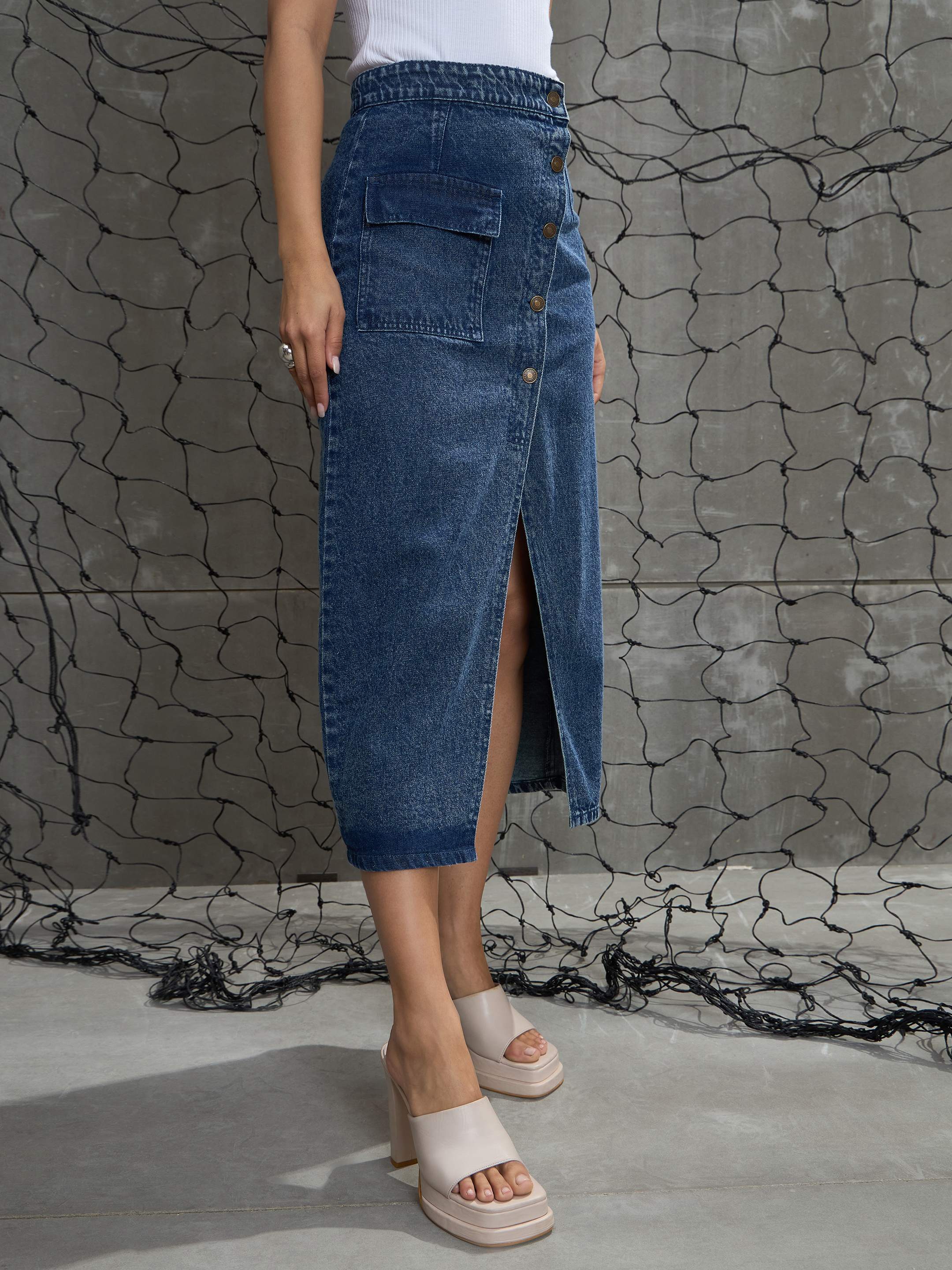 Women Blue Front Button Wrap Skirt-SFSKRT30487-Blue