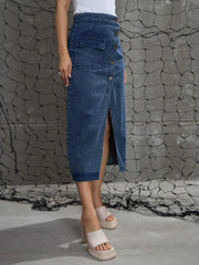 Women Blue Front Button Wrap Skirt-SFSKRT30487-Blue