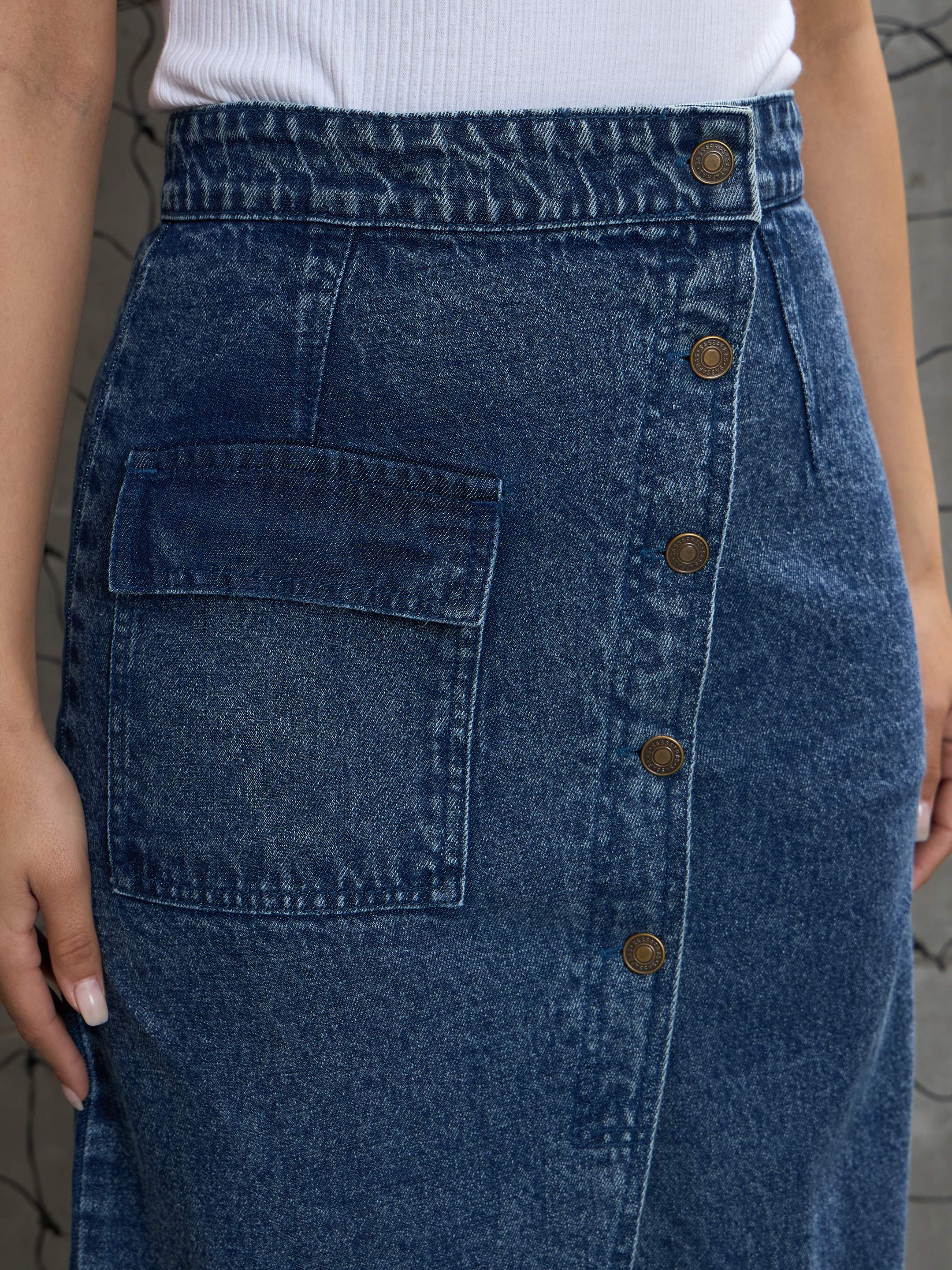 Women Blue Front Button Wrap Skirt-SFSKRT30487-Blue