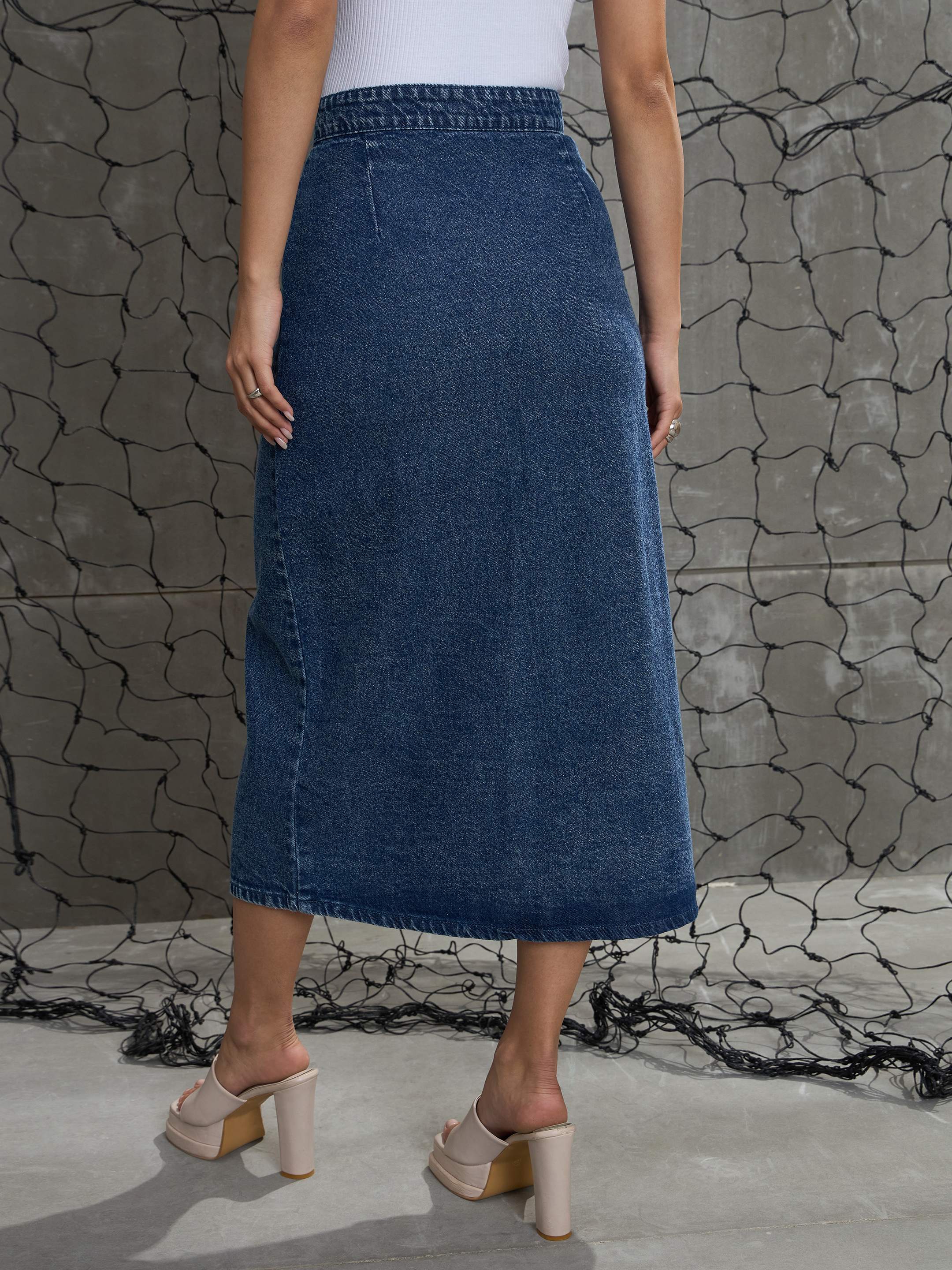 Women Blue Front Button Wrap Skirt-SFSKRT30487-Blue