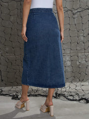 Women Blue Front Button Wrap Skirt-SFSKRT30487-Blue