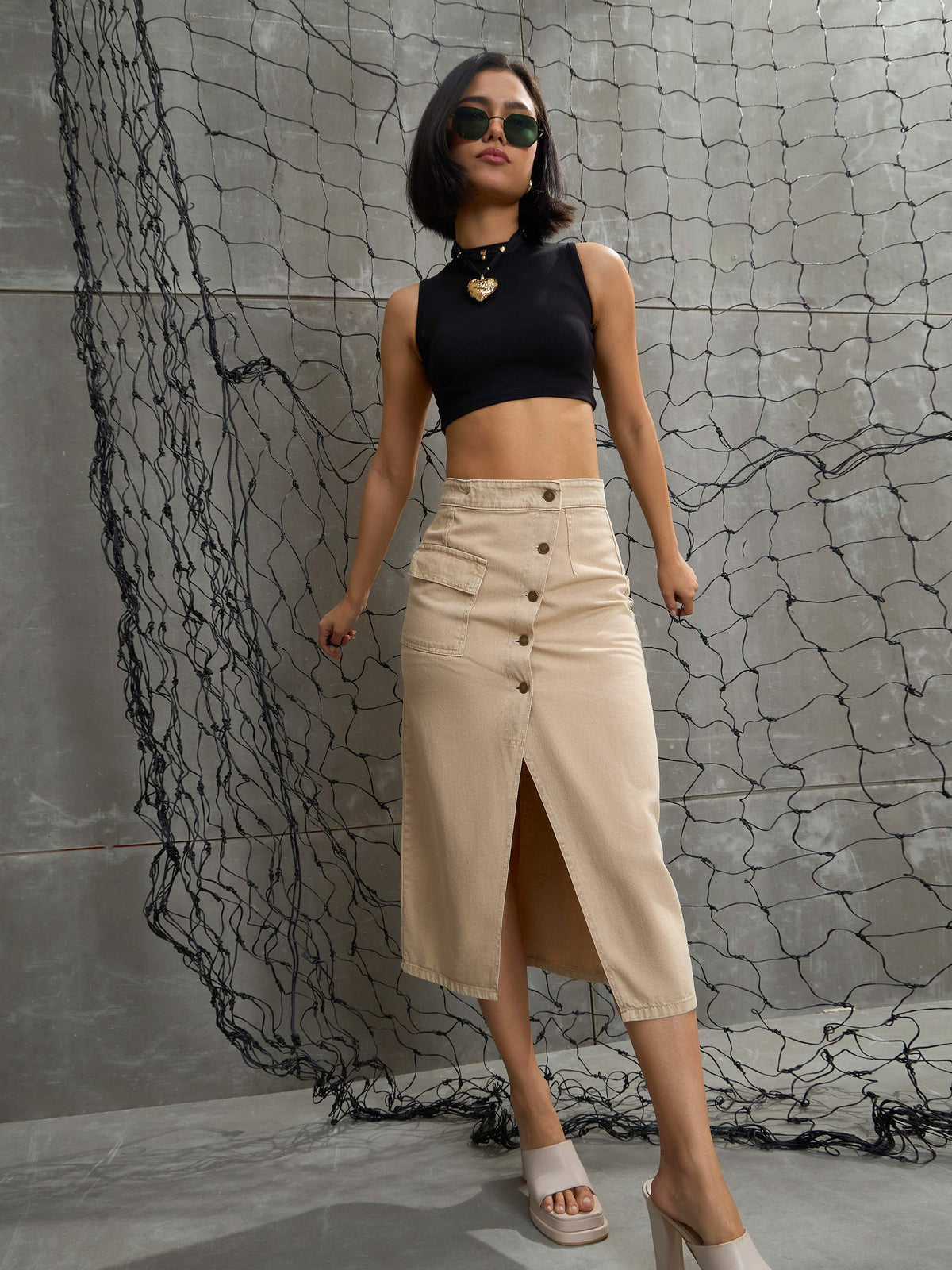 Women Beige Front Button Wrap Skirt-SFSKRT30488-Beige