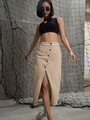 Women Beige Front Button Wrap Skirt-SFSKRT30488-Beige