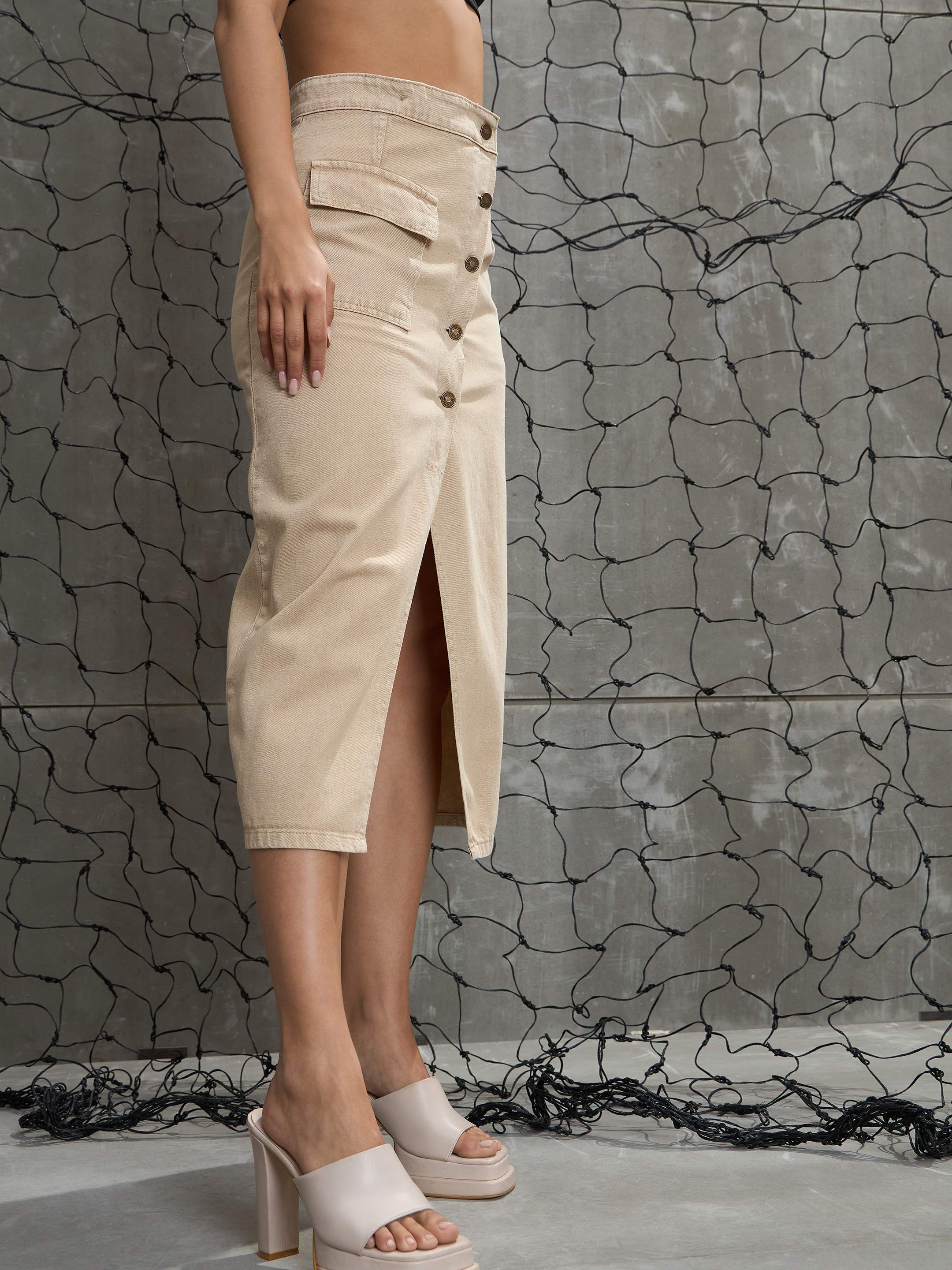 Women Beige Front Button Wrap Skirt-SFSKRT30488-Beige
