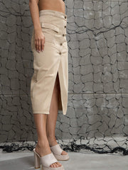 Women Beige Front Button Wrap Skirt-SFSKRT30488-Beige