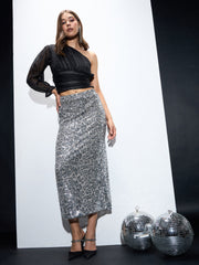 Women Silver Sequin Pencil Skirt-SFSKRT30490