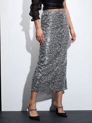 Women Silver Sequin Pencil Skirt-SFSKRT30490