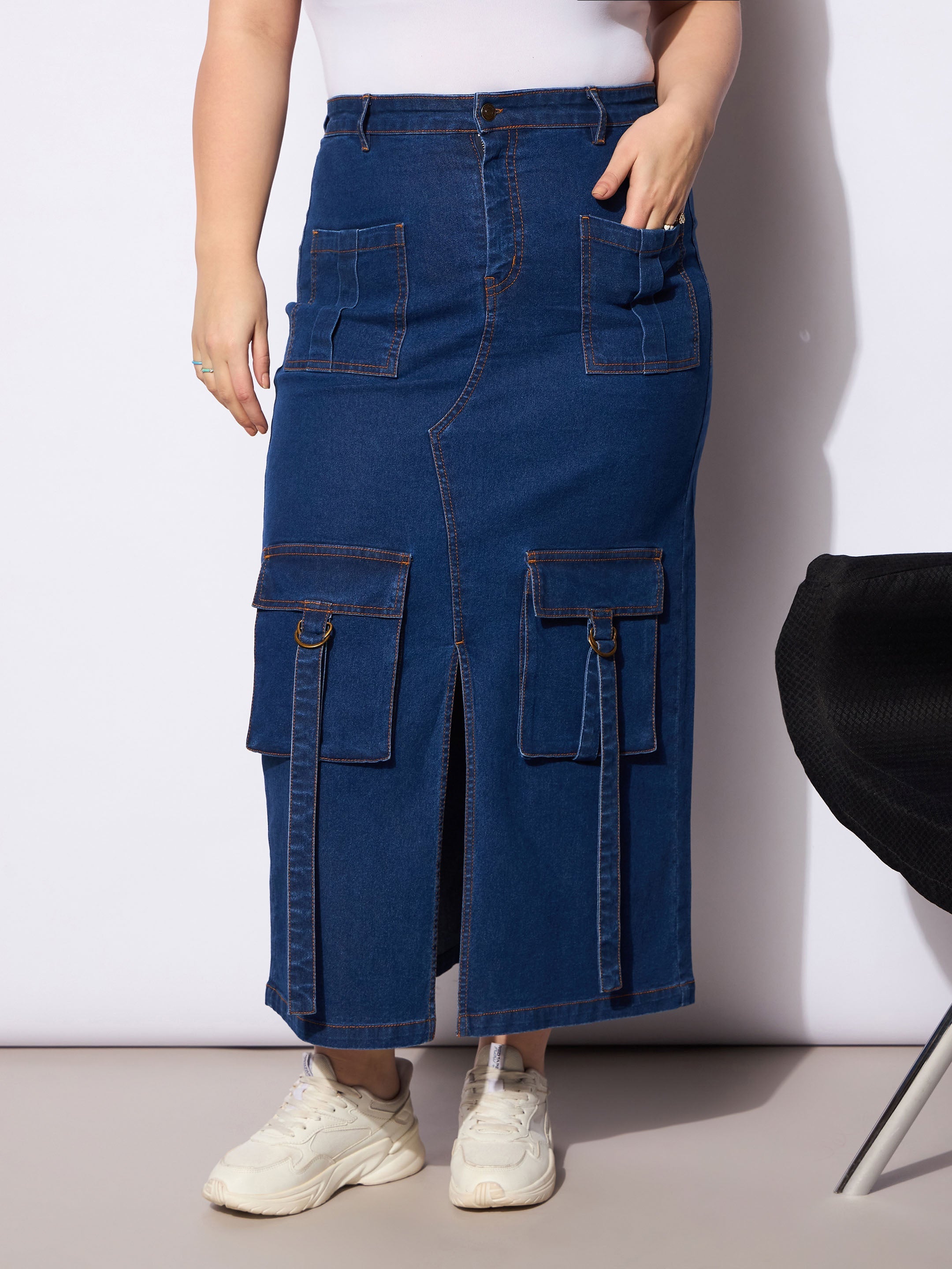 Women Navy Denim Multi Pocket Front Slit Skirt-SFSKRT30497