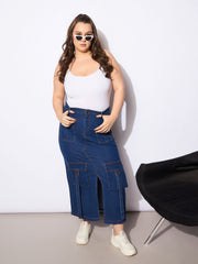 Women Navy Denim Multi Pocket Front Slit Skirt-SFSKRT30497