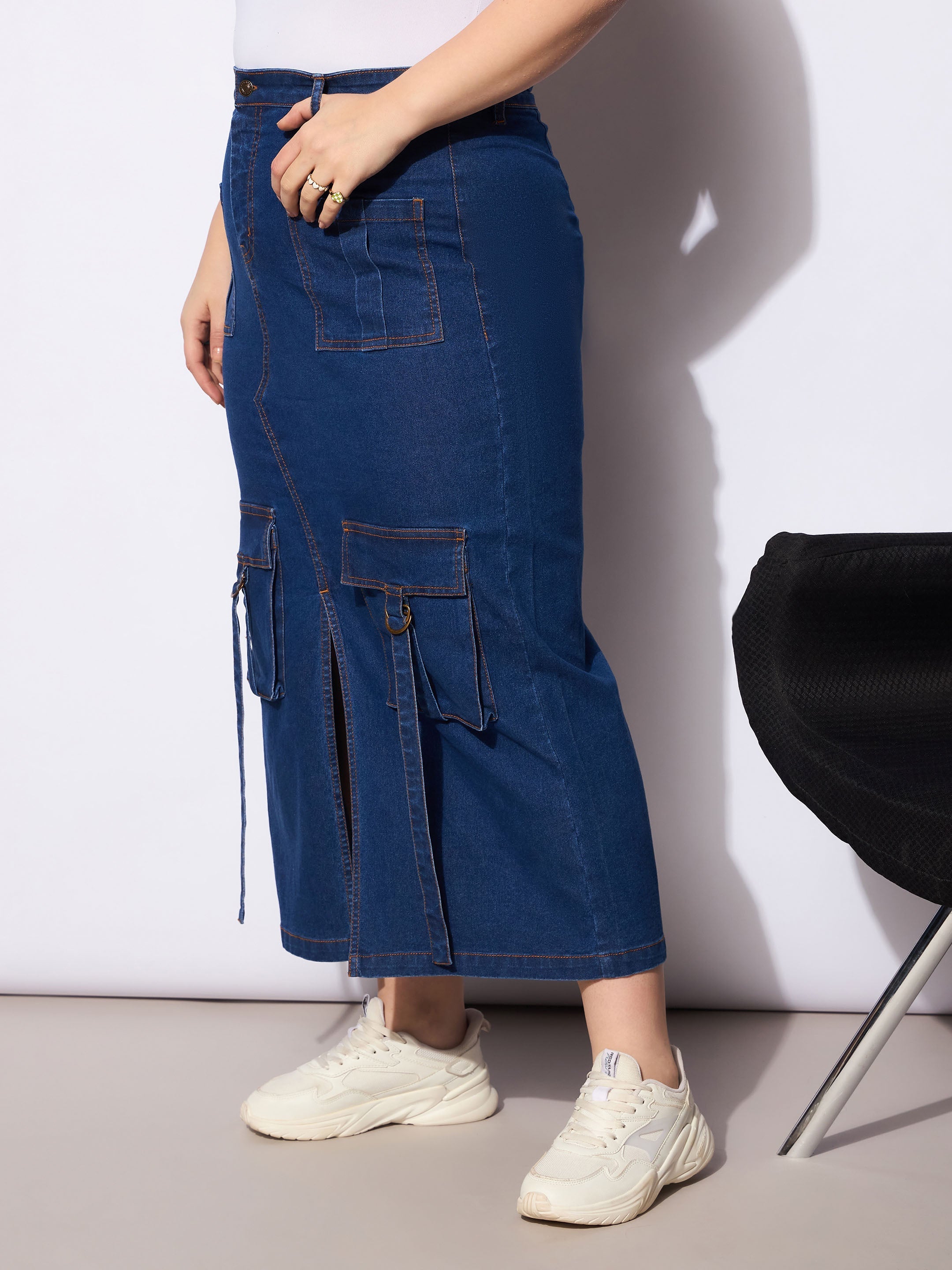 Women Navy Denim Multi Pocket Front Slit Skirt-SFSKRT30497
