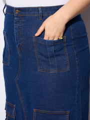Women Navy Denim Multi Pocket Front Slit Skirt-SFSKRT30497