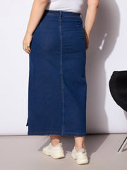 Women Navy Denim Multi Pocket Front Slit Skirt-SFSKRT30497