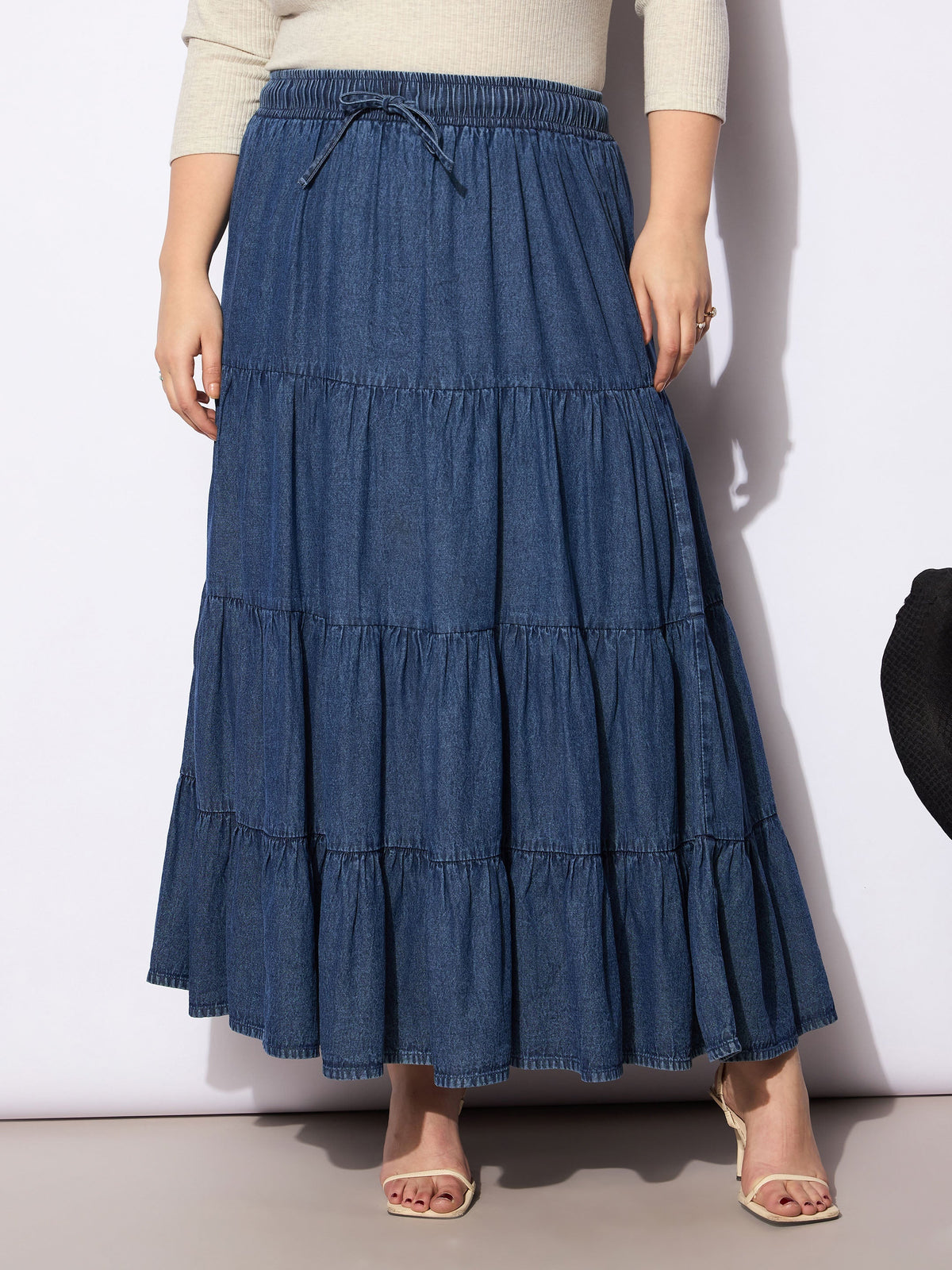 Women Navy Tencel Front Drawstring Tired Skirt-SFSKRT30499
