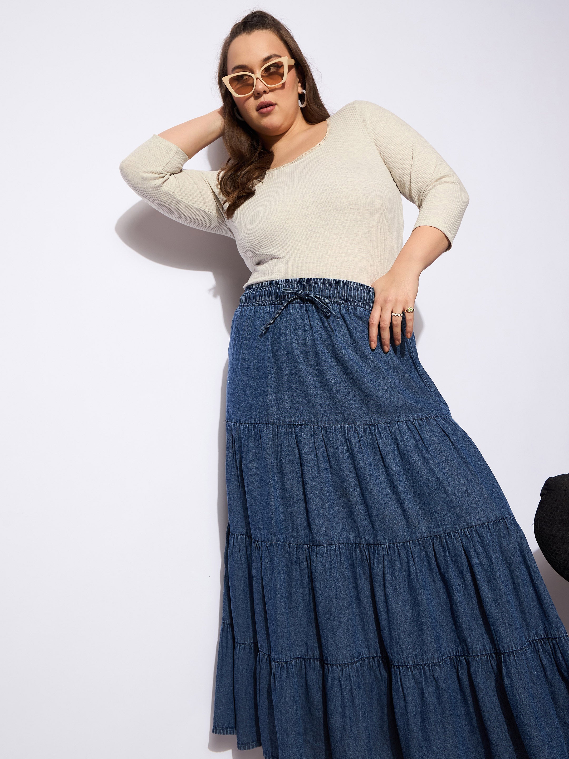 Women Navy Tencel Front Drawstring Tired Skirt-SFSKRT30499