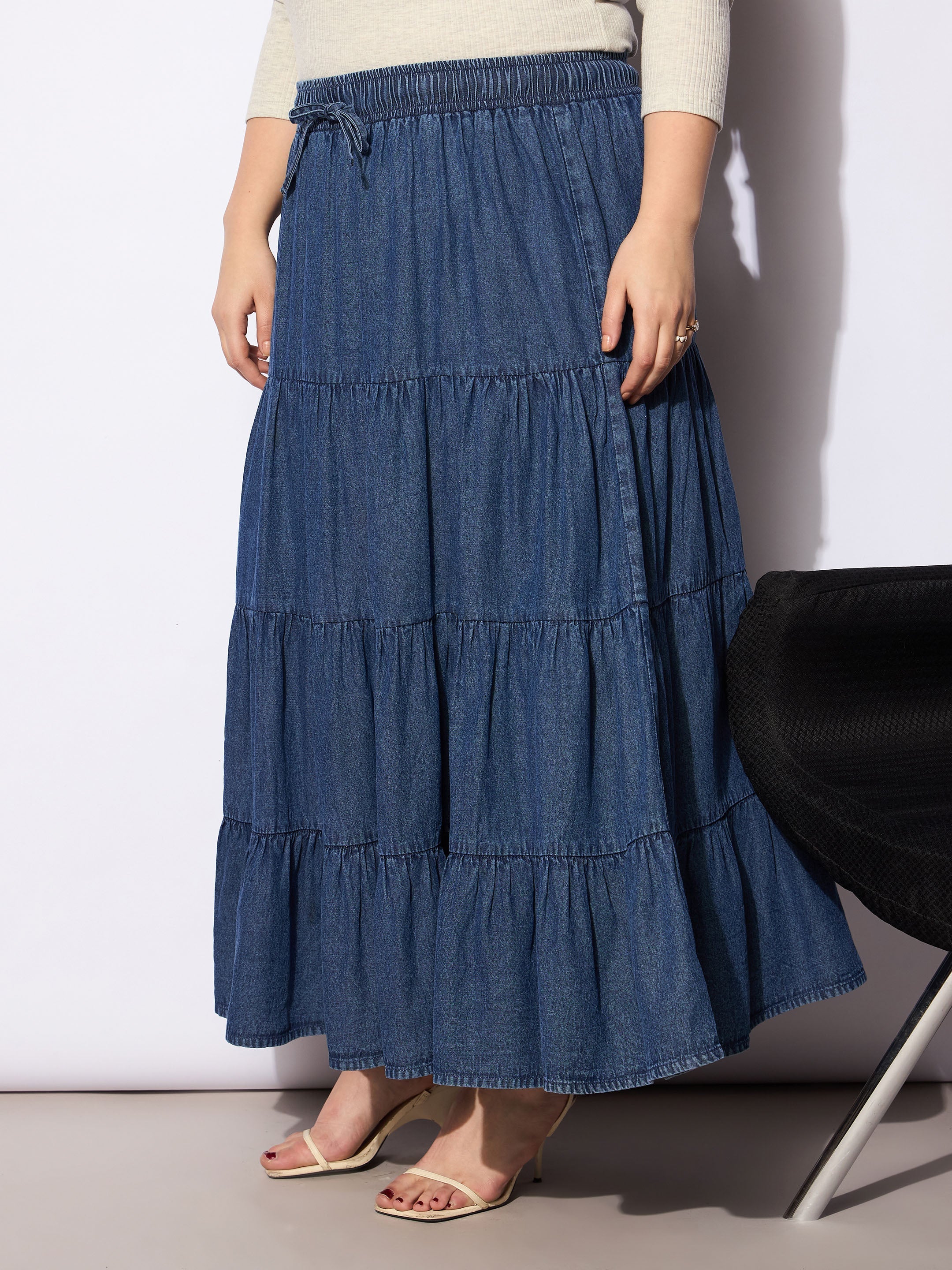 Women Navy Tencel Front Drawstring Tired Skirt-SFSKRT30499