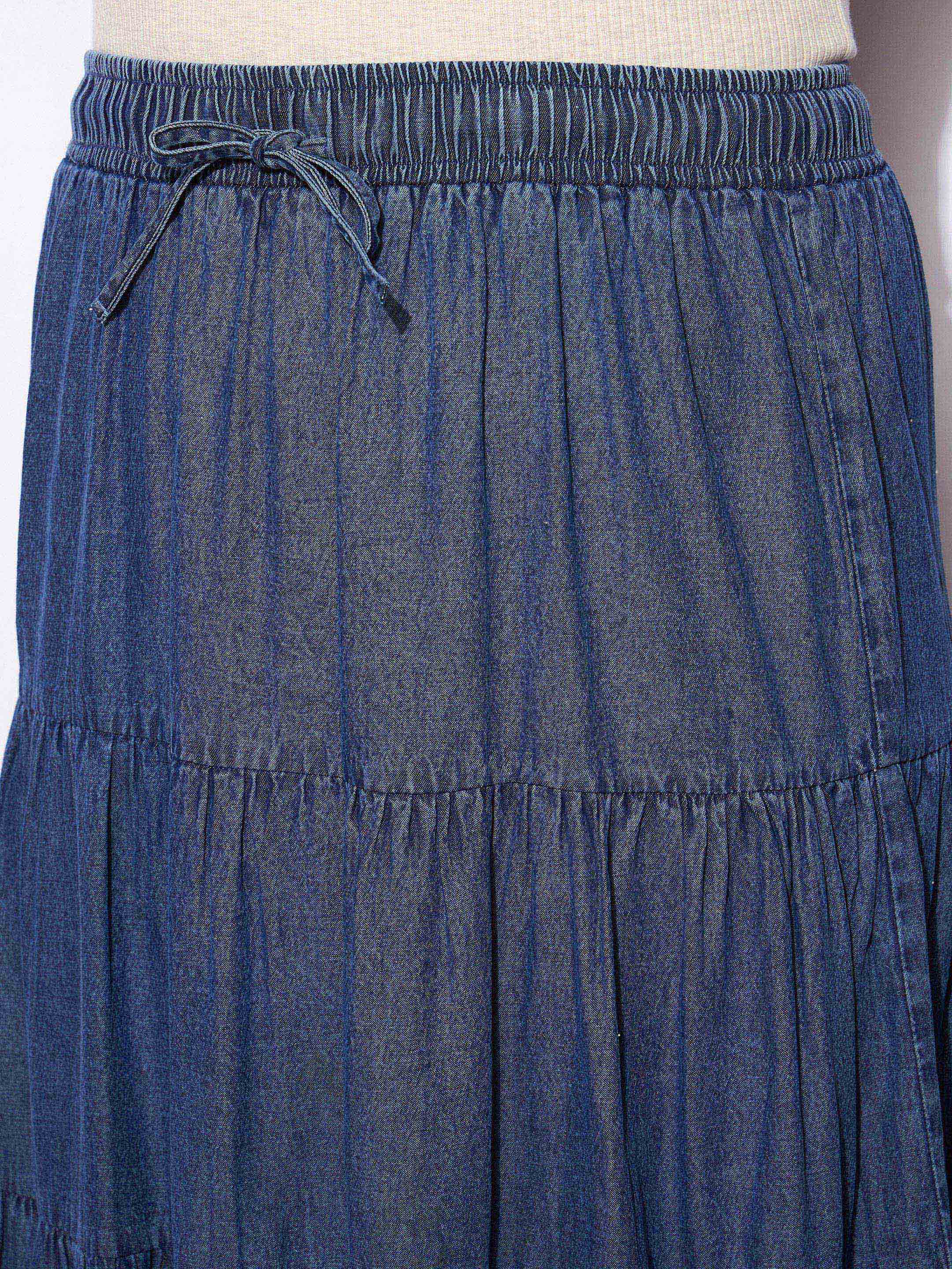 Women Navy Tencel Front Drawstring Tired Skirt-SFSKRT30499
