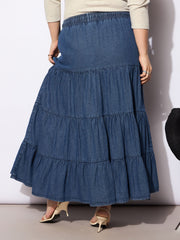 Women Navy Tencel Front Drawstring Tired Skirt-SFSKRT30499