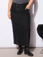 Women Black Wash Denim Side Slit Skirt-SFSKRT30501