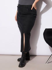 Women Black Wash Denim Side Slit Skirt-SFSKRT30501