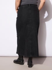 Women Black Wash Denim Side Slit Skirt-SFSKRT30501