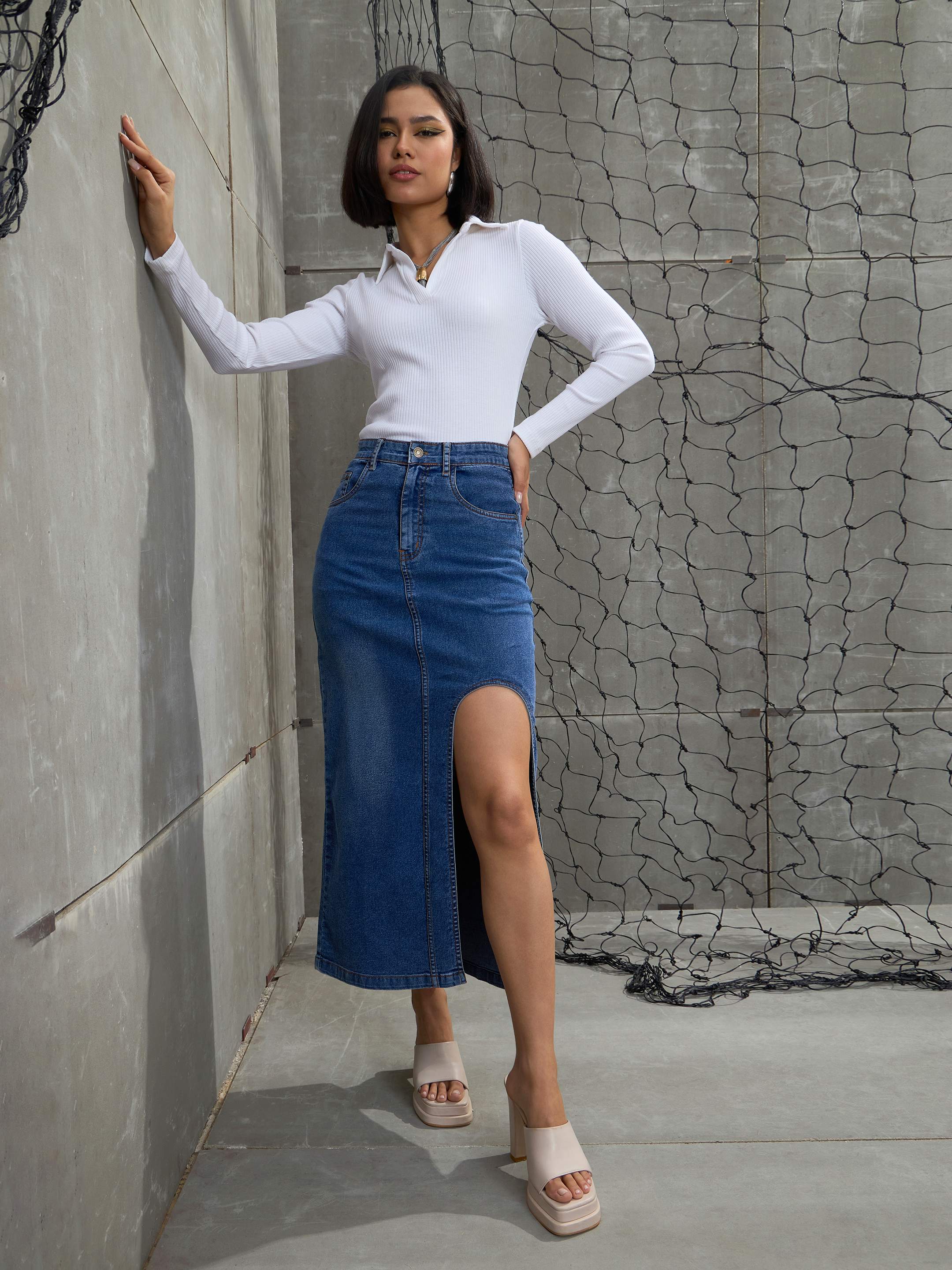 Women Blue Blast Front Slit Maxi Skirt-SFSKRT30503