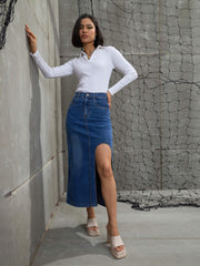 Women Blue Blast Front Slit Maxi Skirt-SFSKRT30503