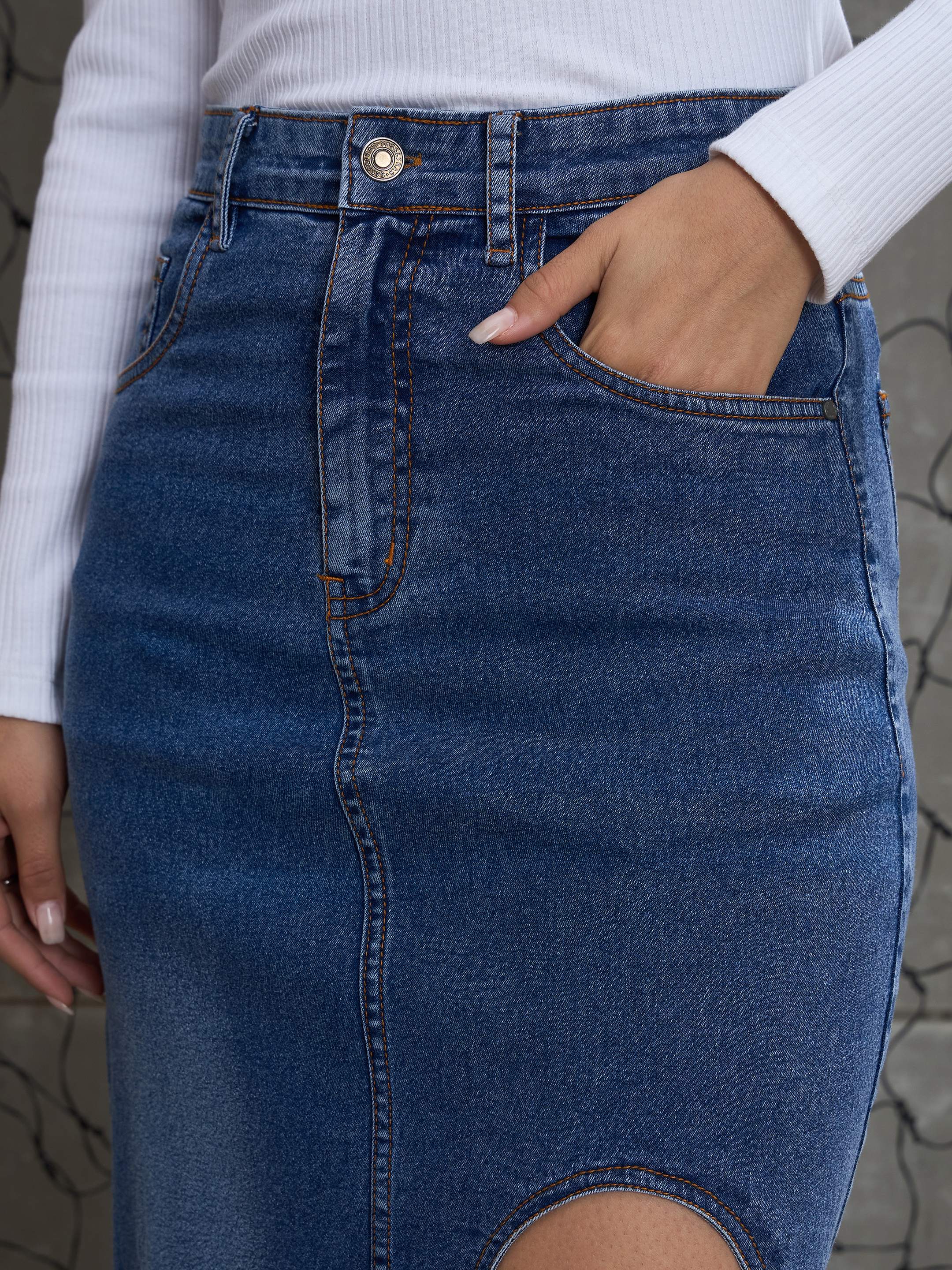 Women Blue Blast Front Slit Maxi Skirt-SFSKRT30503