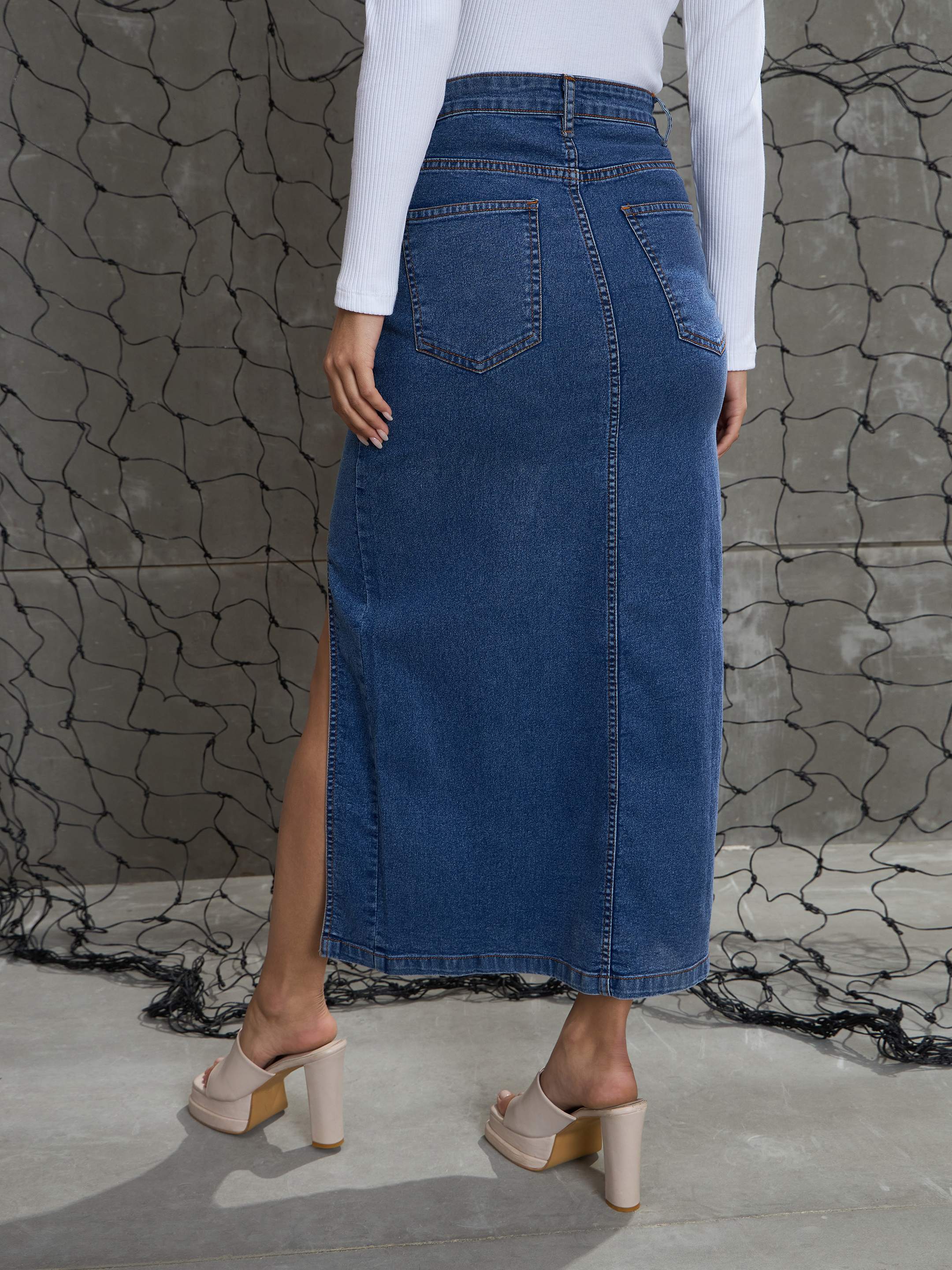 Women Blue Blast Front Slit Maxi Skirt-SFSKRT30503